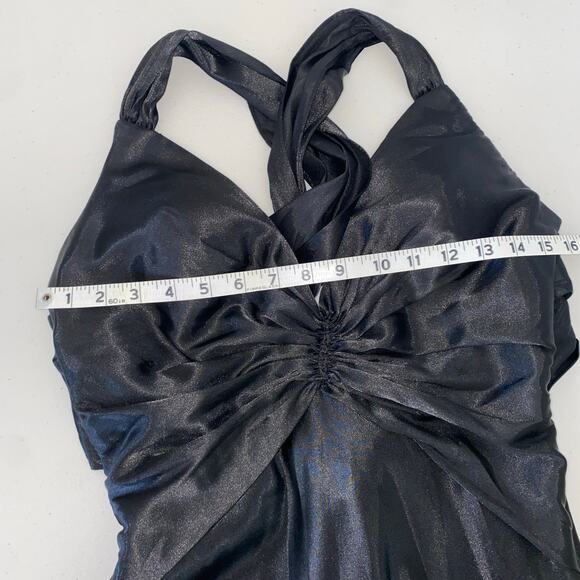 Vintage 90s La Femme Black Satin Criss Cross Cape Back Formal Gown Long Dress 6 - Picture 11 of 12